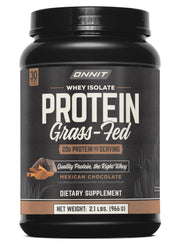 ONNIT Grass Fed Whey Isolate chocolate tub highlighting protein content and flavor