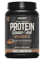 ONNIT Grass Fed Whey Isolate chocolate tub highlighting protein content and flavor
