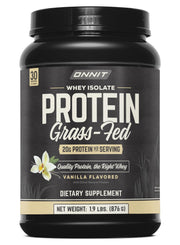 ONNIT Grass Fed Whey Isolate Vanilla tub displaying packaging for protein support.