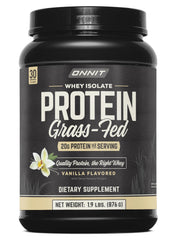 ONNIT Grass Fed Whey Isolate Vanilla tub displaying packaging for protein support.