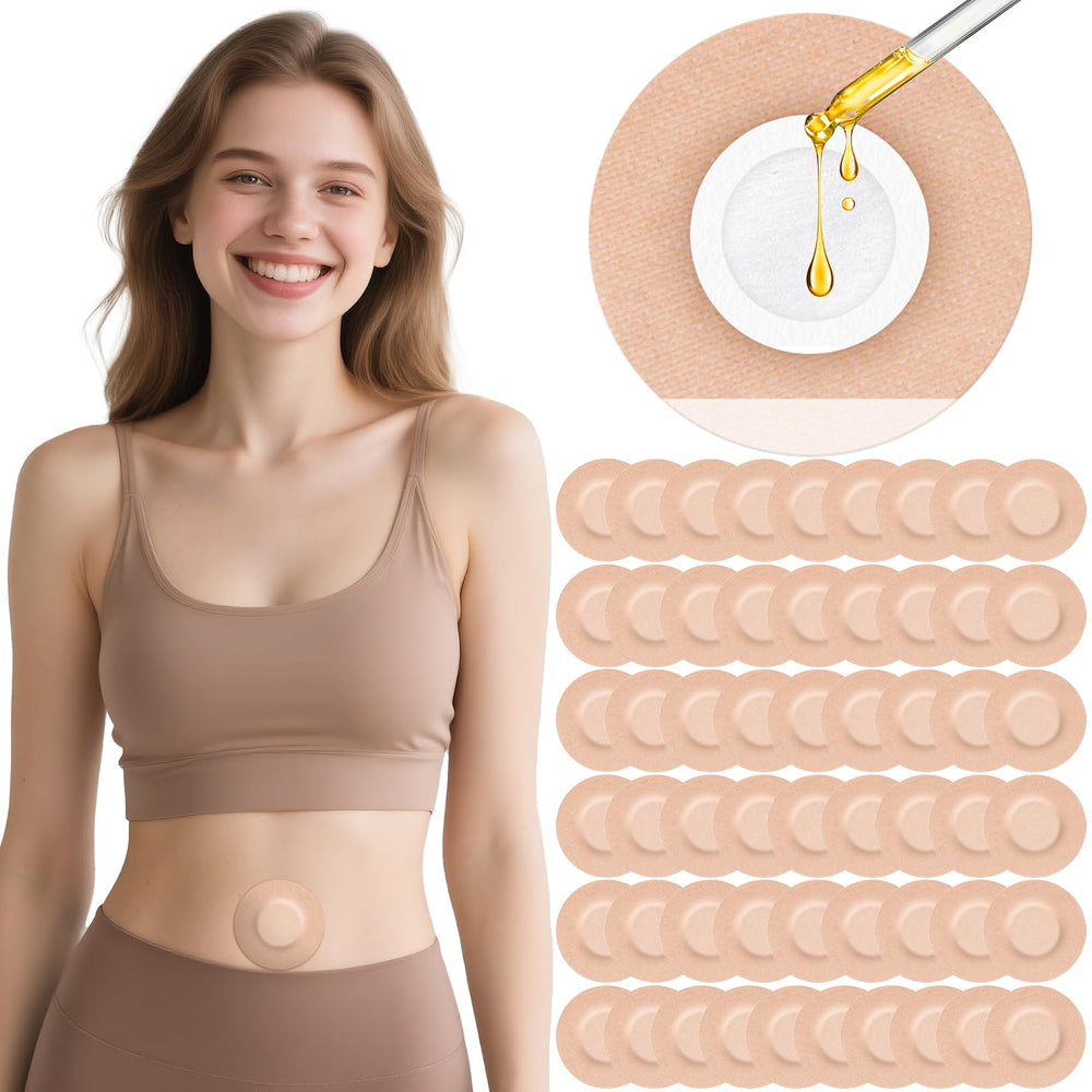 OPOX castor oil patch on belly button with central cotton pad for efficient absorption