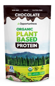 Opportuniteas creamy chocolate protein powder in a 1 lb jar for shakes