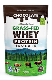 Opportuniteas grass-fed chocolate whey isolate packaging emphasizes transparency and freshness.