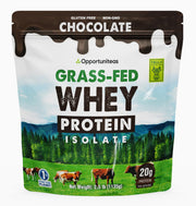 Opportuniteas grass fed chocolate whey isolate bag shows premium protein source from Ireland for post-workout recovery