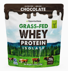 Opportuniteas grass fed chocolate whey isolate bag shows premium protein source from Ireland for post-workout recovery