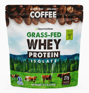 Opportuniteas Grass Fed Coffee Whey Canister shows grass-fed dairy and high protein for post-workout recovery.