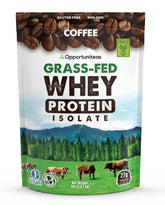 Opportuniteas grass-fed coffee whey powder bottle shows premium protein source.