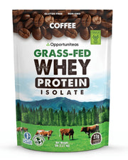 Opportuniteas grass-fed coffee whey powder bottle shows premium protein source.