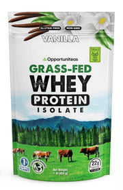 Opportuniteas grass-fed vanilla whey bottle for post-workout shakes.