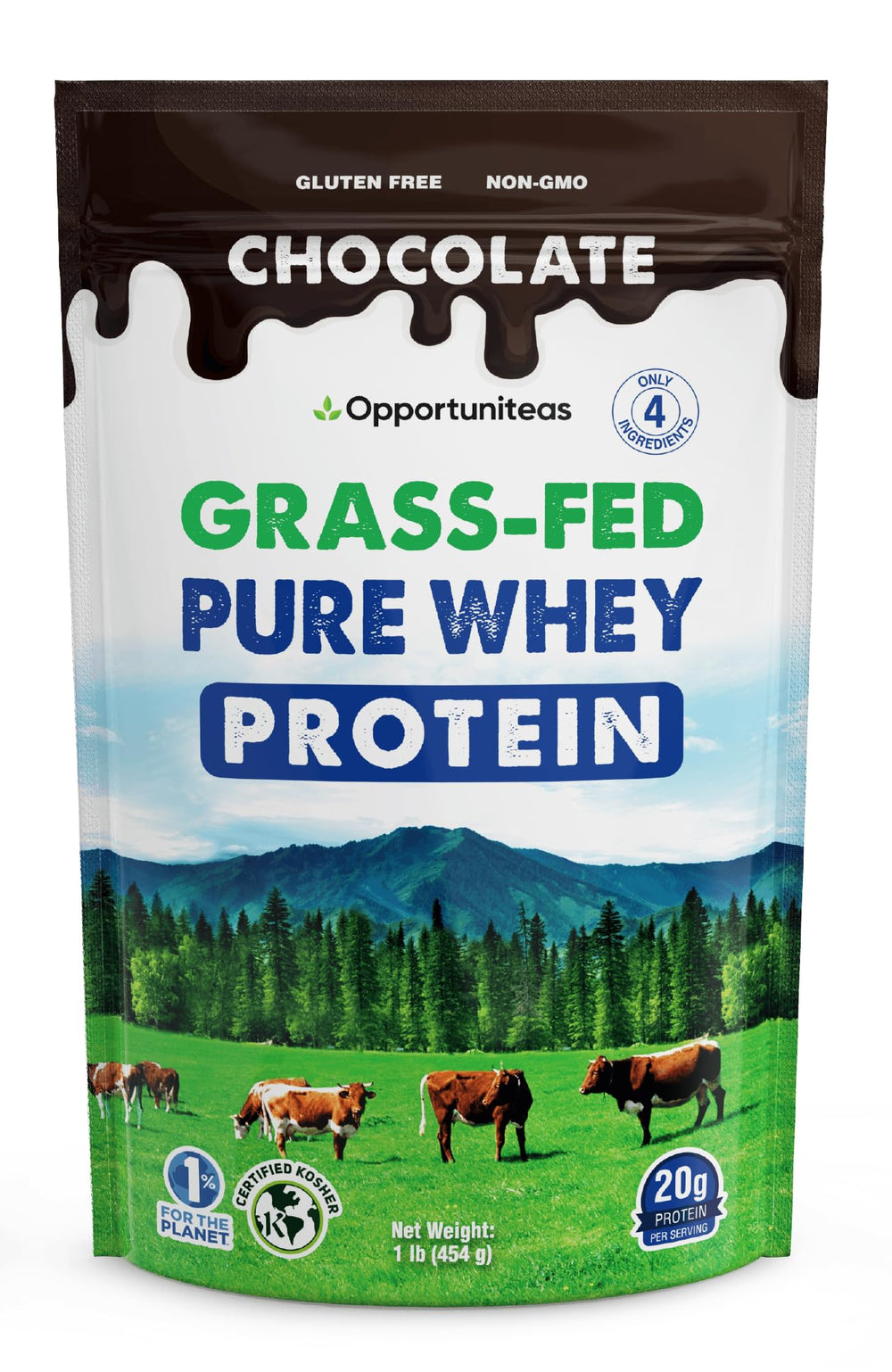 Opportuniteas Grass-Fed Whey Chocolate bottle pour, great for post-workout recovery.
