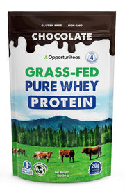 Opportuniteas Grass-Fed Whey Chocolate bottle pour, great for post-workout recovery.