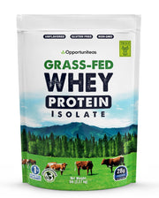 Opportuniteas grass-fed whey isolate tub front, highlighting premium protein for daily recovery.