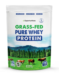 Opportuniteas grass-fed whey bottle on shelf, clean protein for everyday shakes.