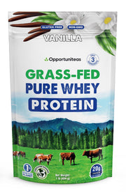 Opportuniteas grass fed whey vanilla bottle highlights hormone-free protein for daily shakes.