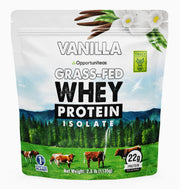 Opportuniteas vanilla whey protein front packaging showcases clean ingredients for daily fuel.