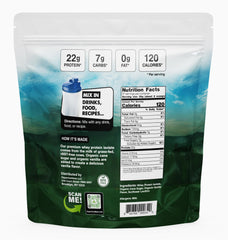 Opportuniteas vanilla whey protein scoop dispensing a measured serving for easy mixing.
