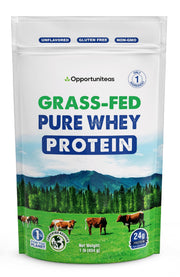 Opportuniteas grass-fed whey container showing hormone-free dairy origin for clean protein
