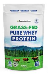 Opportuniteas grass-fed whey container showing hormone-free dairy origin for clean protein