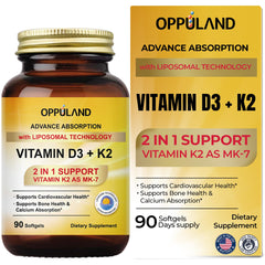 Oppuland Vitamin D3 + K2 bottle on white surface signals easy daily calcium support.