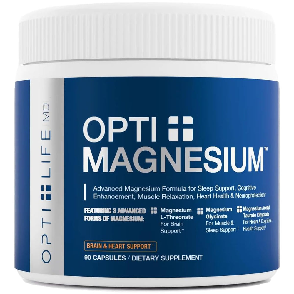 Opti + Life MD Opti Magnesium bottle shown for daily relaxation support.