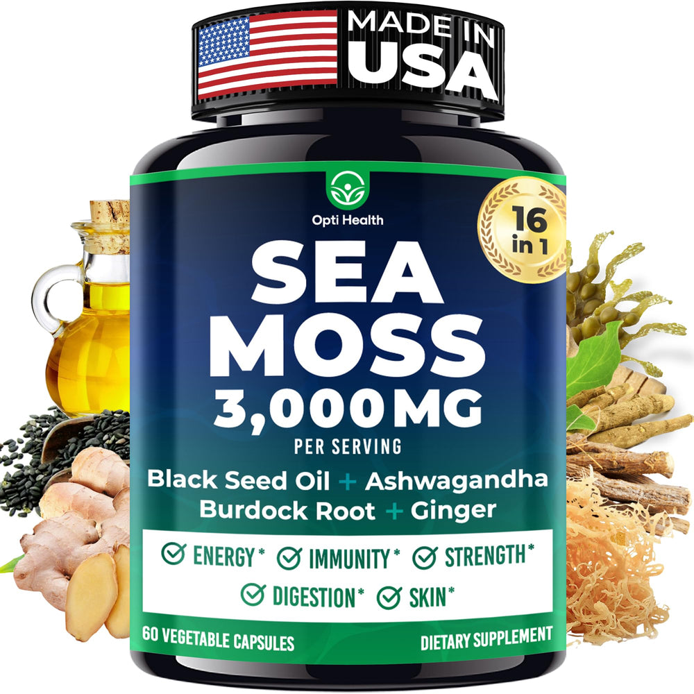Opti Health sea moss bottle with capsules for convenient daily wellness