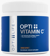 Opti Life MD vitamin C 1000mg capsules bottle close-up showing buffered formula for sensitive stomachs
