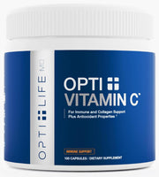 Opti Life MD vitamin C 1000mg capsules bottle close-up showing buffered formula for sensitive stomachs