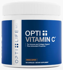 Opti Life MD vitamin C 1000mg capsules bottle close-up showing buffered formula for sensitive stomachs