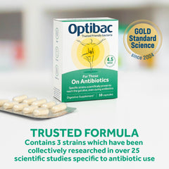 Optibac Probiotics label close-up shows vegan formula suitable with antibiotics