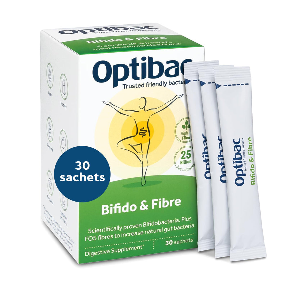 Optibac Probiotics powder bottle and sachets for daily digestive support