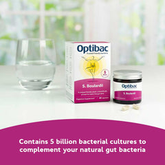 Optibac Saccharomyces boulardii label highlights an evidence-backed probiotic yeast.