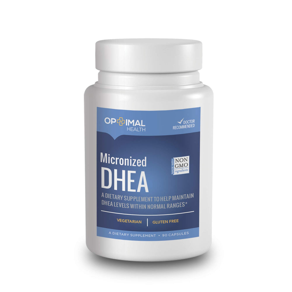 OPTIMALHEALTH DHEA 25mg bottle front for daily wellness support.