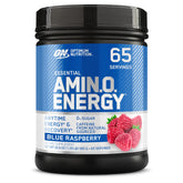Optimum Nutrition Amino Energy blue raspberry powder ready to mix for a clean energy boost.