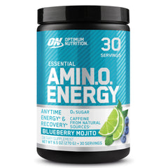 Optimum Nutrition Amino Energy Blueberry Mojito tub showing powder for pre-workout energy