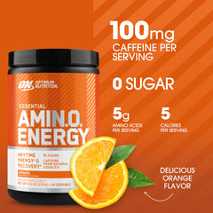 Optimum Nutrition Amino Energy bottle front label showing flavors and keto-friendly formulation