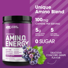 Optimum Nutrition Amino Energy label closeup highlighting ingredients and caffeine boost.