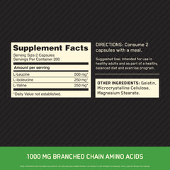 Close-up of Optimum Nutrition BCAA 1000 label showing 2:1:1 ratio