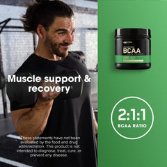 Close up of Optimum Nutrition BCAA 5000 label highlighting the 5 g BCAAs per serving for recovery.