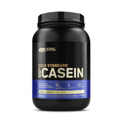 Optimum Nutrition Gold Standard Casein vanilla tub close-up emphasizing slow-release protein