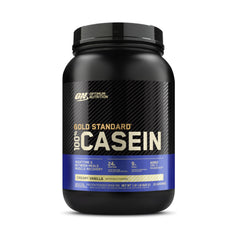 Optimum Nutrition Gold Standard Casein vanilla tub close-up emphasizing slow-release protein