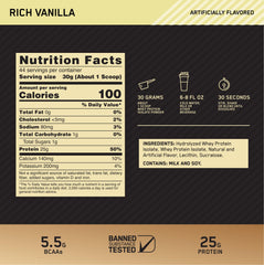 Optimum Nutrition Gold Standard Isolate bottle label with nutrition details.