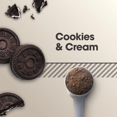 Pouring Optimum Nutrition cookies and cream micellar casein for night time fueling