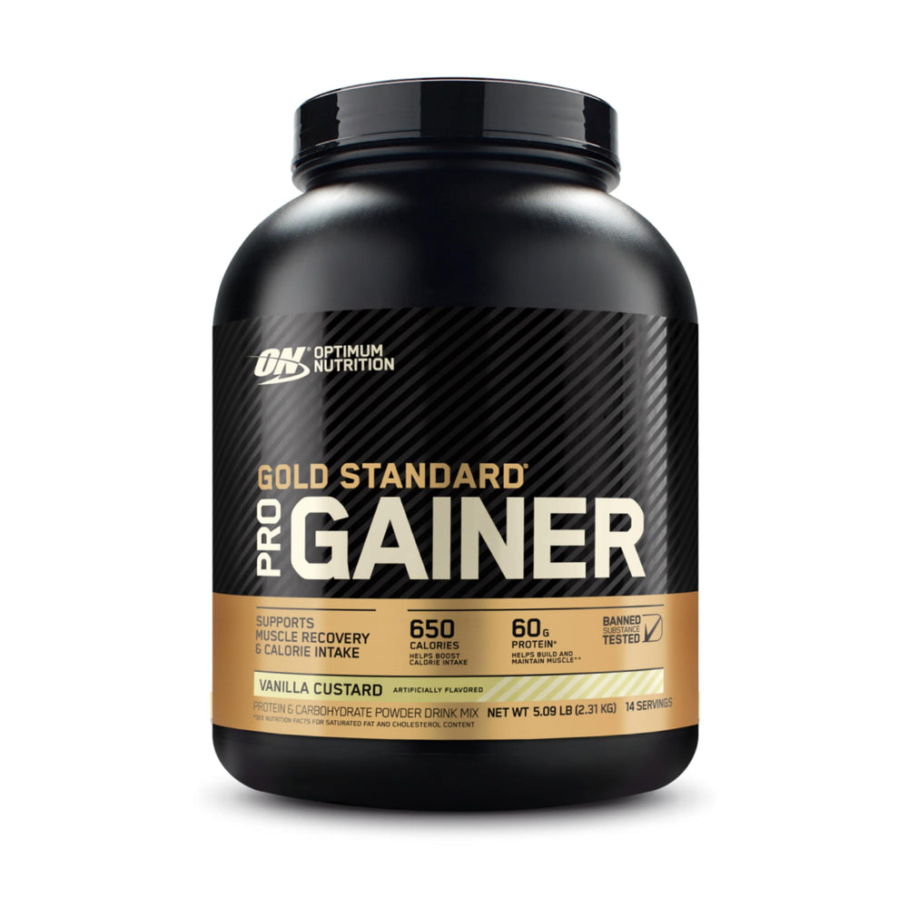 Optimum Nutrition Gold Standard Pro Gainer bottle pouring after training for recovery support