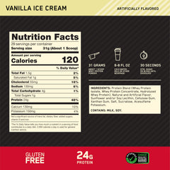 Optimum Nutrition Gold Standard Vanilla whey scoop pictured for precise serving.