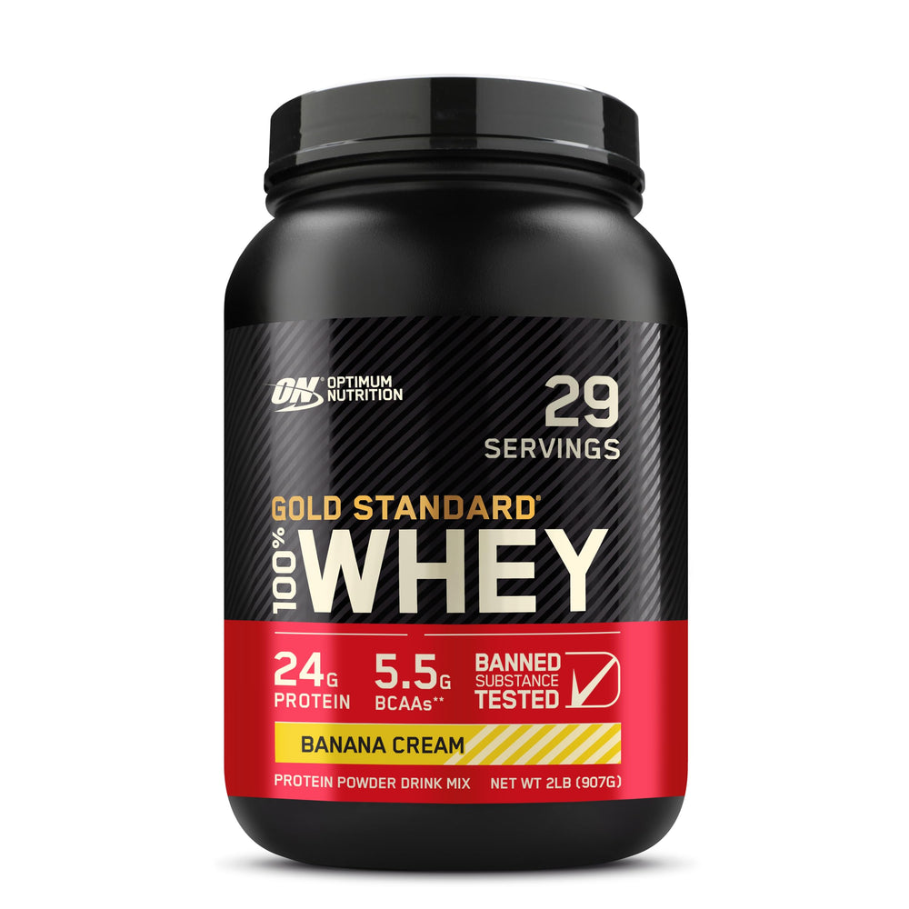 Optimum Nutrition Gold Standard Banana Cream bottle label showing nutrition facts.