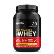 Optimum Nutrition Gold Standard Banana Cream bottle label showing nutrition facts.