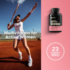 Optimum Nutrition Opti-Women daily serving shown with a meal for energy support