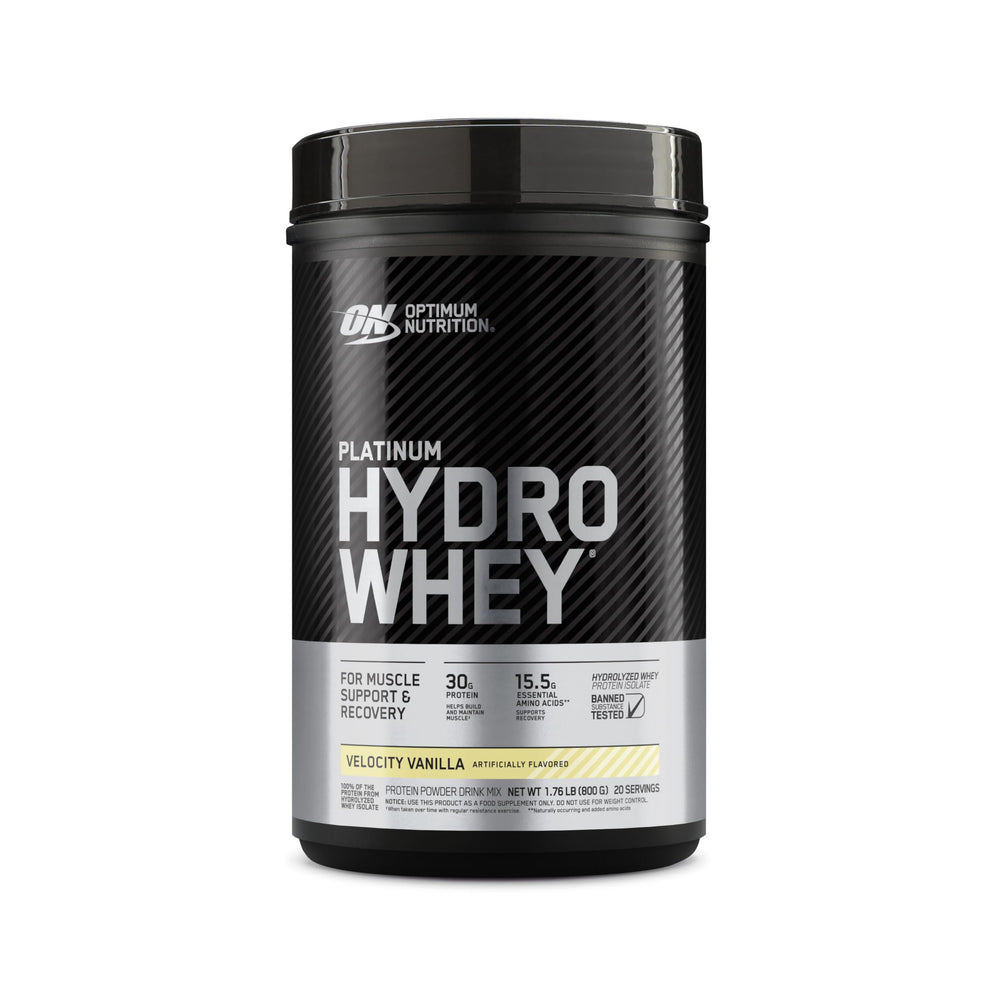 Optimum Nutrition Platinum Hydrowhey vanilla bottle front for post-workout fueling