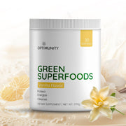 Optimunity Super Greens tub label showing plant-based nutrition for daily wellness