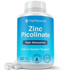 OptiNourish Zinc Picolinate 30mg bottle front promotes easy daily immune support.